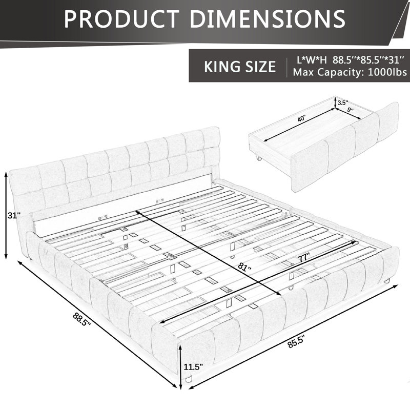 Modern Minimalist Upholstered Platform Bed Frame With Chenille Upholstered Headboard, Memory Foam Support & Built-In Storage