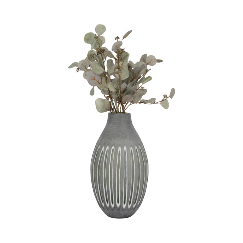 Decorative Ribbed Glass Flower Vase for Home Decor - Tall Oval Table Vase with Sculptural Slatted Design for Living Room Display - Green