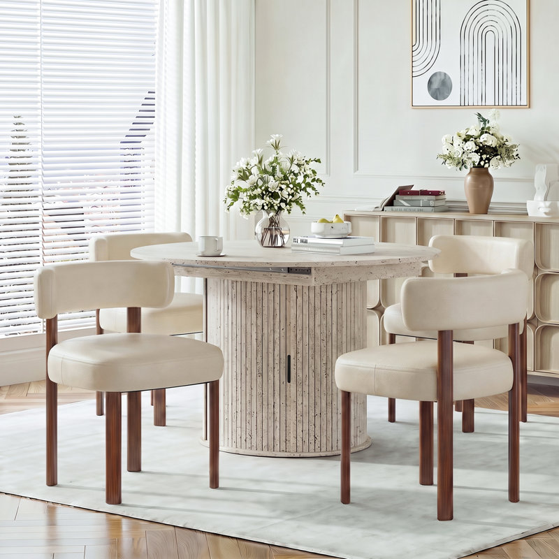Ensemble de table de salle à manger moderne extensible pour 4 à 6 personnes avec rangement caché, Blanc, Beige