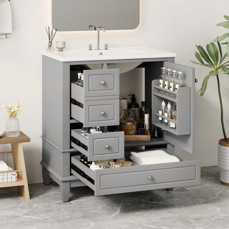 Meuble-lavabo de salle de bain avec lavabo, une porte, trois tiroirs, solution de rangement durable et élégante, Gris