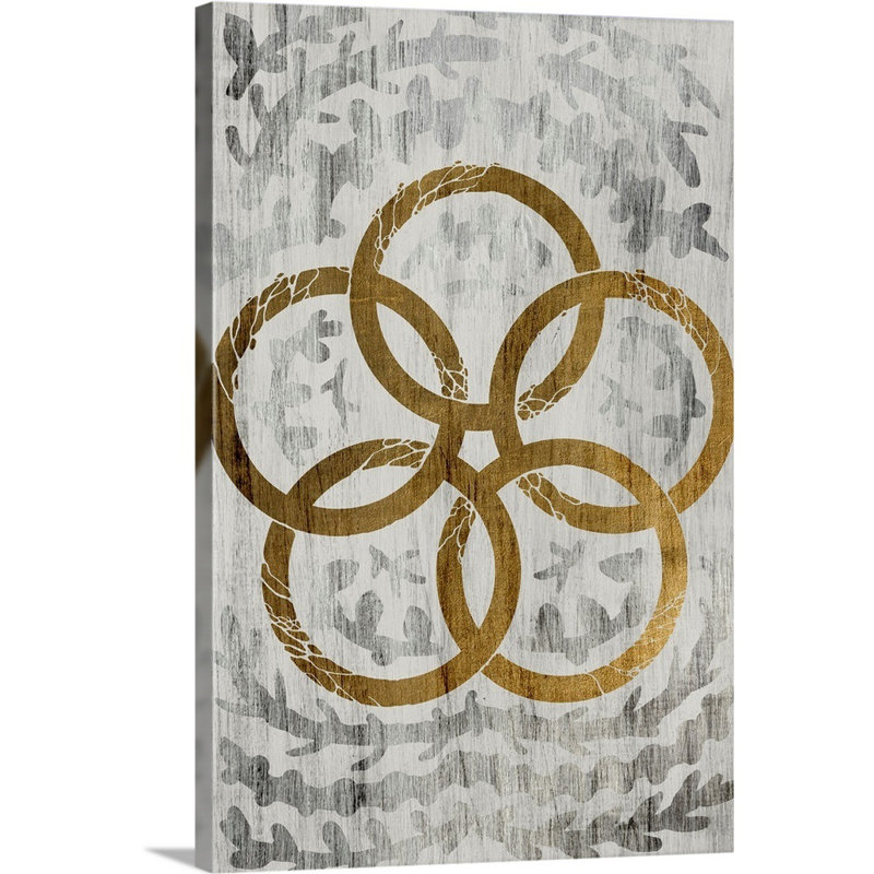 Cinq bagues dorées-feuilles d’or-reproduction d’art sur toile, H 36 po x l 24 po x P 1,25 po, Toile tendue