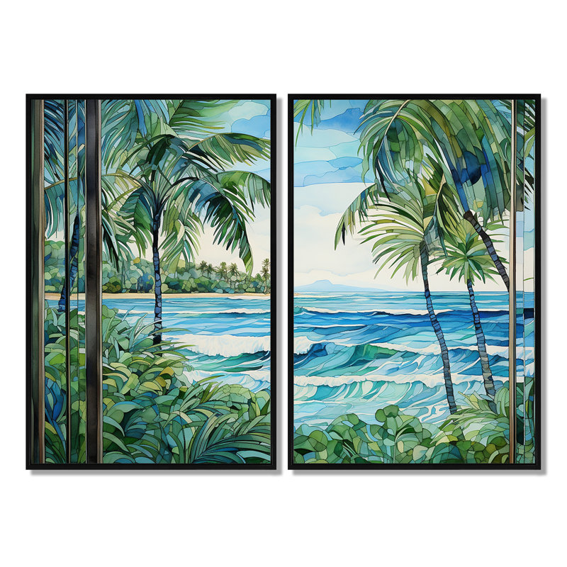 «Tropical Coastal Beach Tranquility - Pink Coastal», art mural, 36" H x 48" W, Reproduction encadrée sans passe-partout, Noir