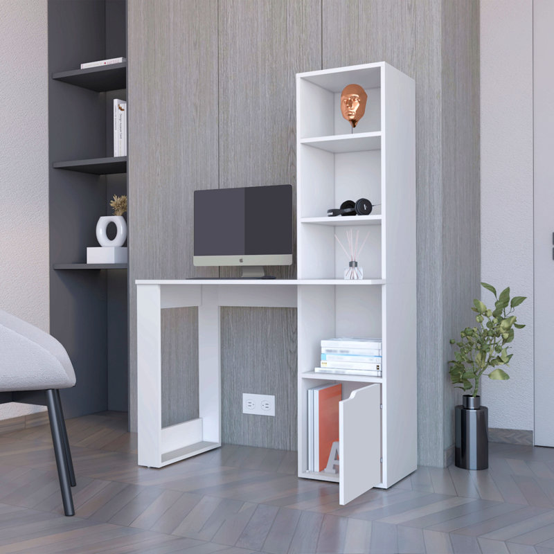 Bureau d'ordinateur avec armoire à une porte et tablette à 4 niveaux, Blanc