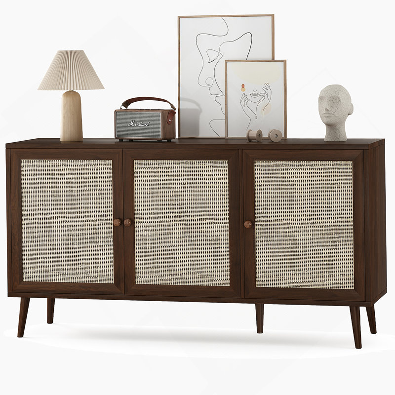 Sideboard Buffet Cabinet With 3 Rattan Doors, Kitchen Storage Cabinet For Entryway Living Room, Walnut