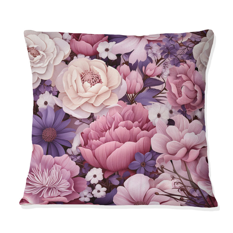 Coussin décoratif imprimé floral printanier fleurs mauves, H 18 po x l 18 po