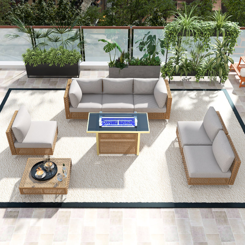 Ensemble de conversation modulaire d'extérieur 8 pièces, ensemble de mobilier de patio avec table de foyer 43 po, table basse, coussin amovible, facile à installer