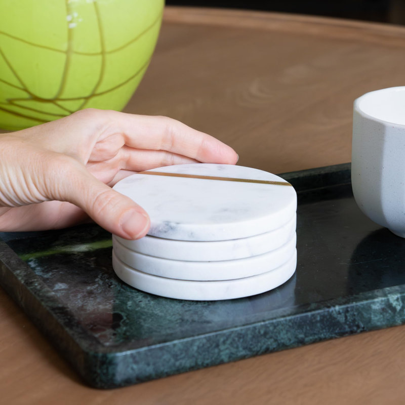 Ensemble de 6 sous-verres en marbre - Décoration moderne de luxe pour table basse - Marbre blanc avec incrustation de laiton doré - Sous-verres en pierre naturelle semi-absorbante