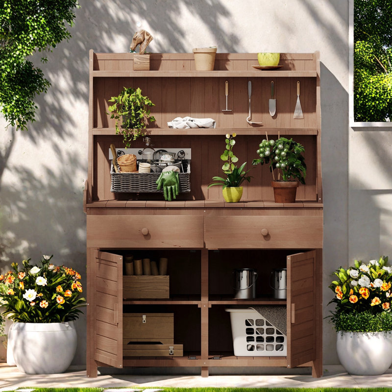 Table de jardin avec 2 tiroirs, 2 armoires et tablettes de rangement, Brun