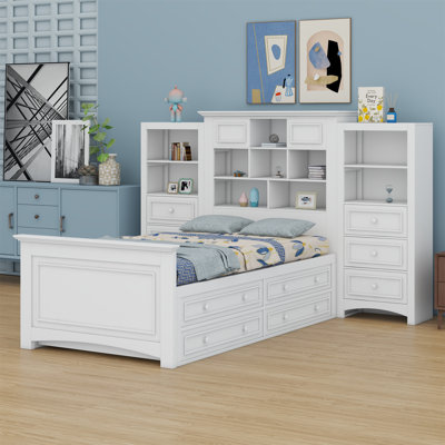 Wood Platformbed With Vertical All-In-One Cabinet And 4 Drawers On Each Side