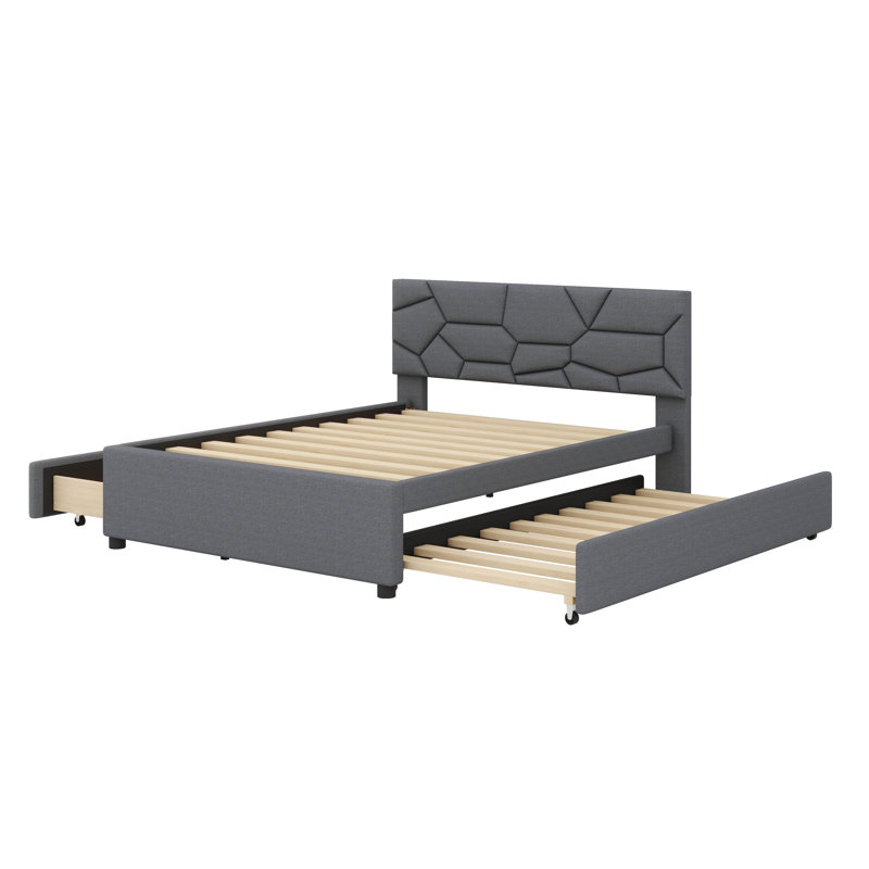 Lit plateforme avec design d'inspiration brique et deux tiroirs avec lit gigogne, Lit double, Gris