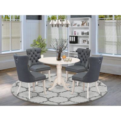 5 Piece Dining Set Includes a Round Kitchen Table with Dropleaf and 4 Upholstered Parson Chairs, linen white