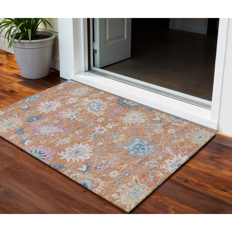Tapis extérieur lavable floral rose orange et bleu denim 3 pi x 5 pi