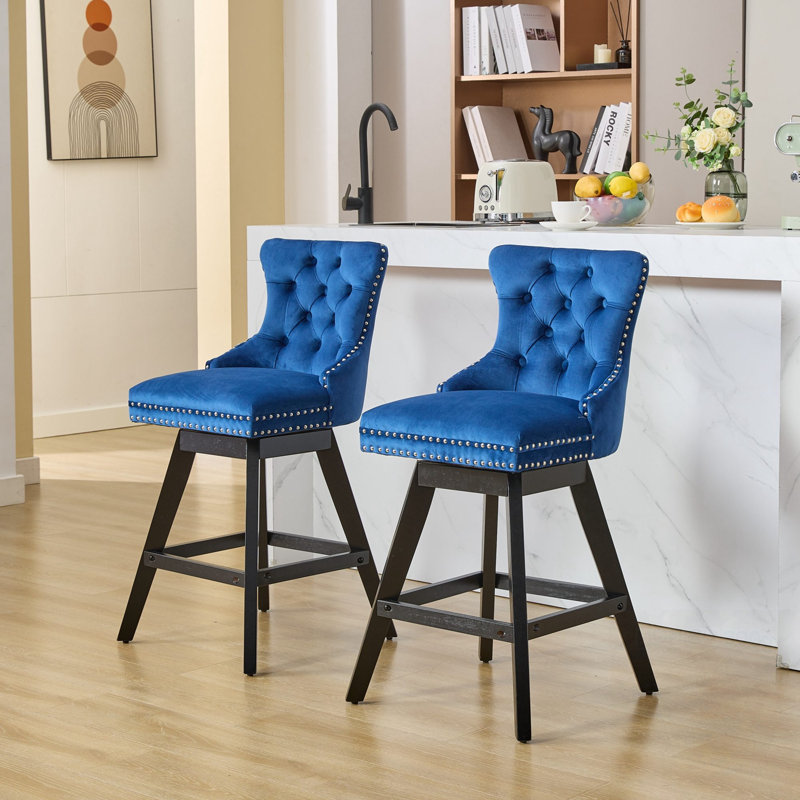 Swivel Velvet Barstools Set Of 2 With Button Tufted Decoration And Wooden Legs, Dark Blue