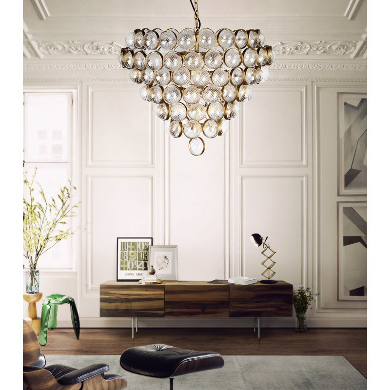 Aged Brass And Texted Glass Bouquet Style Lage Chandelier