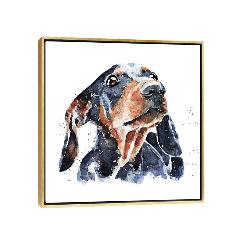 Teckel noir et brun clair par Edwatercolours-impression, Pas de tapis, H 26 po x l 26 po x P 1,5 po, Toile encadrée d'or
