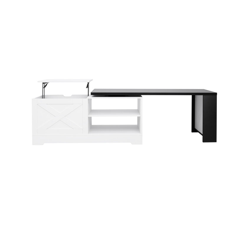 Table basse design à plateau relevable avec portes coulissantes de style grange et plateau pivotant, idéale pour des week-ends de détente à la maison. Décor moderne.