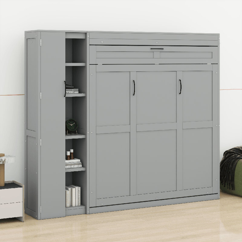 Gulshara Murphy Bed Wall Bed With Shelves, Wardrobe And LED Lights, Gray, Queen