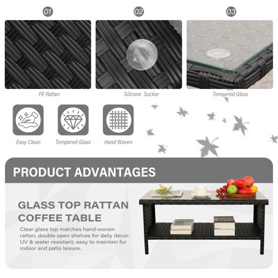 Outdoor Wicker Coffee Table Patio Table 2-layer Glass Tabletop with Furniture Cover
