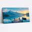 " Wooden Dock And Boat On Calm Lake With Snowy Mountains "-249925653