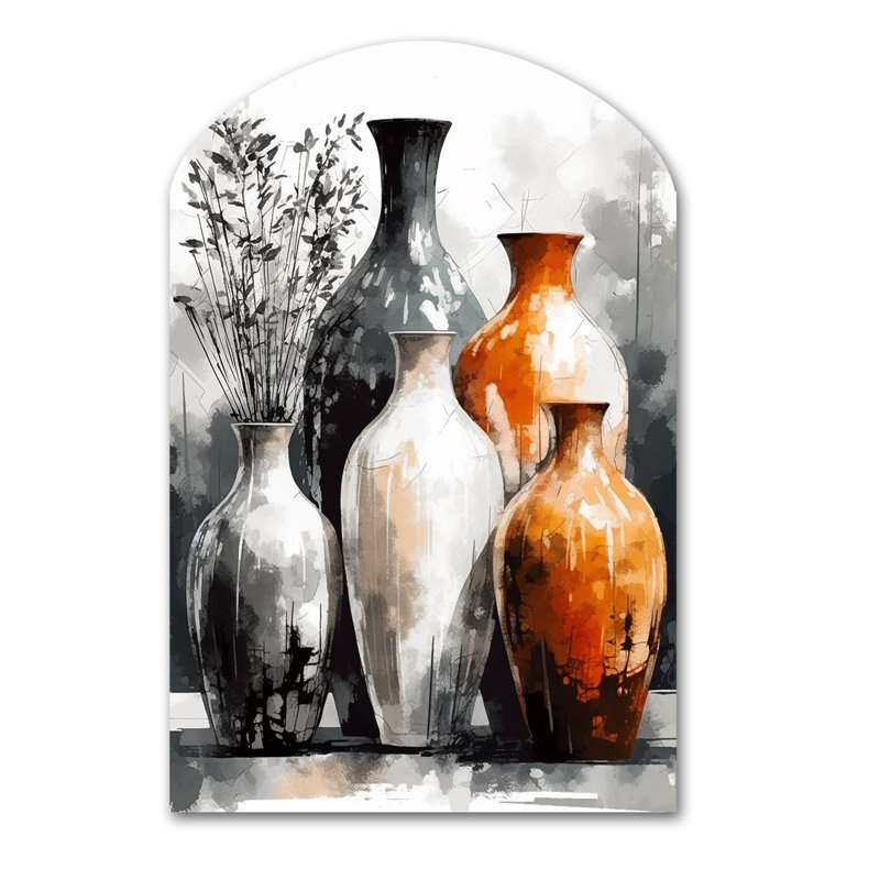 Brown And Grey Earthen Elegant Vase - Asymmetrical Boho Pottery Metal Wall Art, Arch Metal Wall Sculpture Print