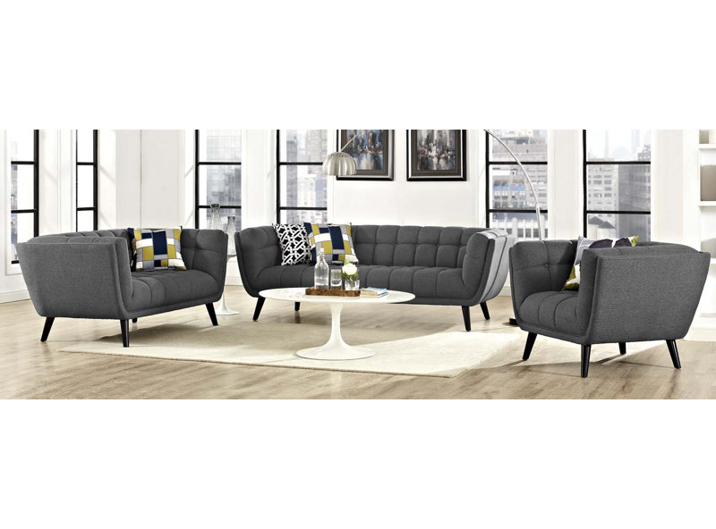 Ensemble de canapé et fauteuil rembourrés en tissu 3 pièces Bestow, Velours gris performance