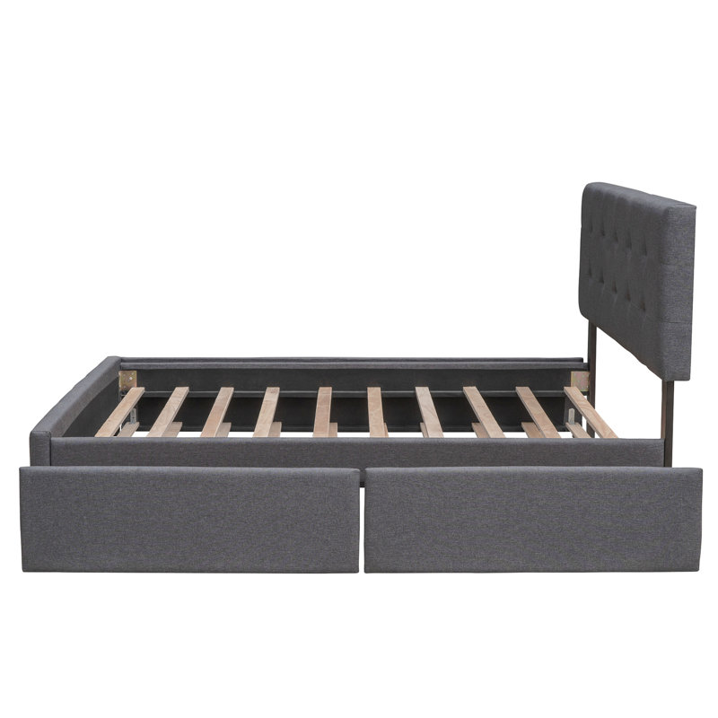 Lit plateforme tapissier avec 2 tiroirs et 1 lit gigogne simple TG, tissu de lin, grand