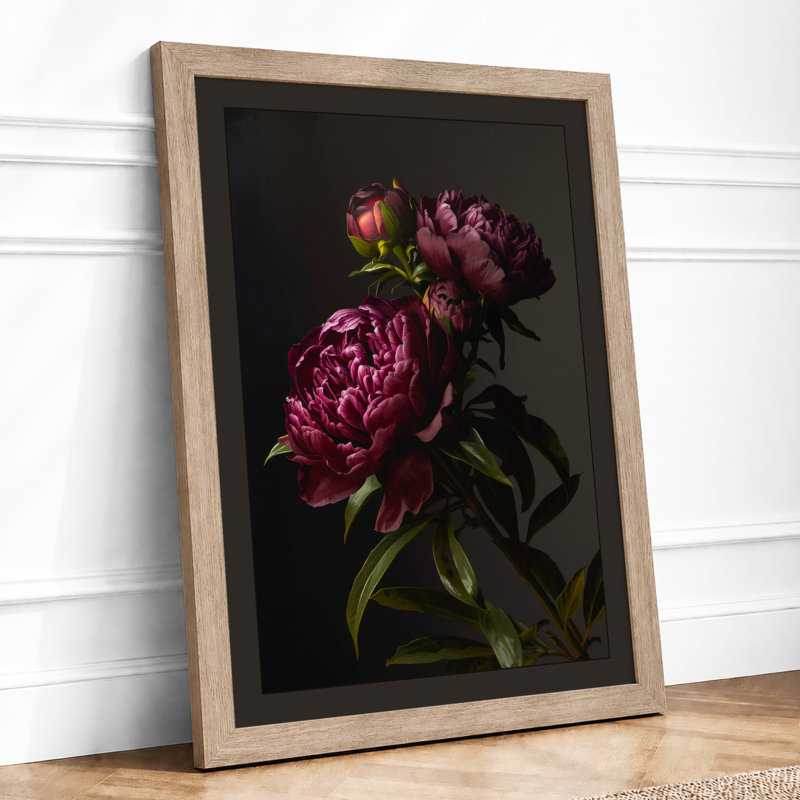 Burgundy Peonies Botanical - Framed Print, A3 - 42.0 x 29.7 cm, Oak