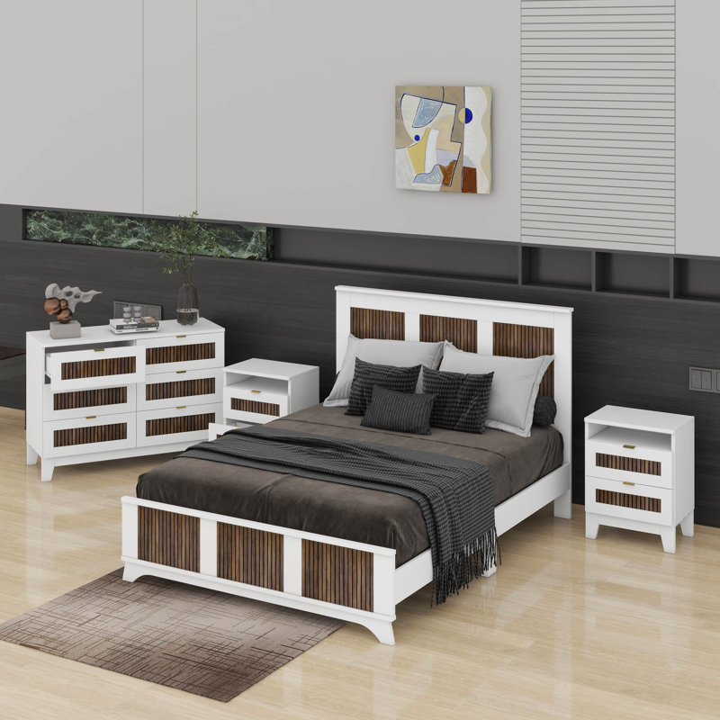 4-Pieces Bedroom Sets Queen Size Farmhouse Platform Bed With Wooden Strip Decoration, White