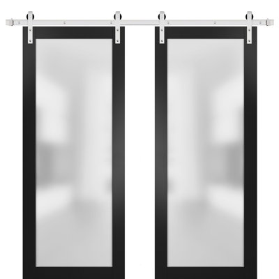 Porte de grange double robuste avec verre dépoli Planum 2102 Noir mat, supports de rail argentés de 4 m (13 pi), portes intérieures modernes à panneaux pleins - 91,4 cm x 213,4 cm (2 x 45,7 cm x 213,4 cm) - Rail argenté