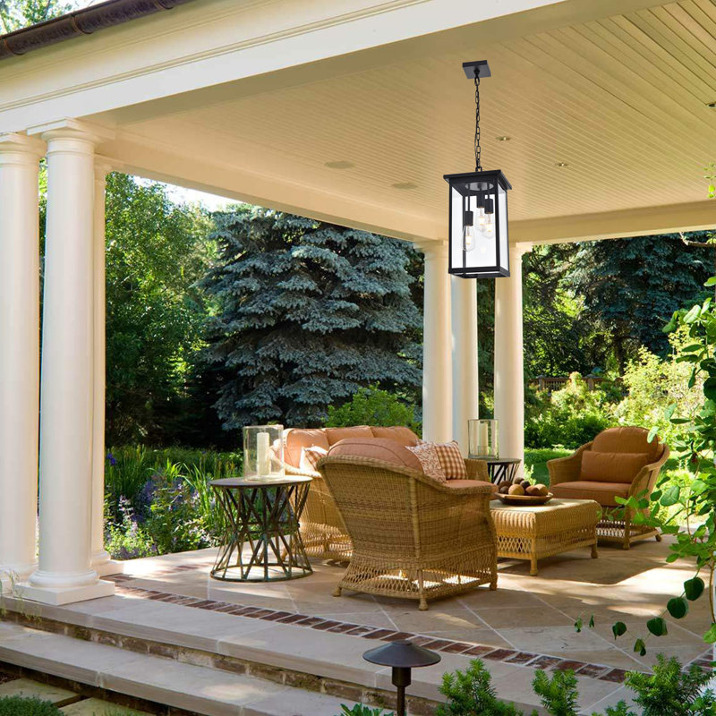 Modern Industrial Black Outdoor Pendant Light With Clear Glass Panels, 3-Light Exterior Hanging Lantern With Adjustable Chain For Porch, Patio, Entryway And Gazebo, Weather-Resistant Farmhouse Ceiling Lighting Fixture In Matte Black Finish