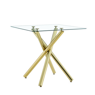 37.80" Square Modern Cross-Leg Bar Table for 4, Tempered Glass Top with Electroplated Metal Frame, Square Kitchen Table for Dining Room Home Office Small Spaces
