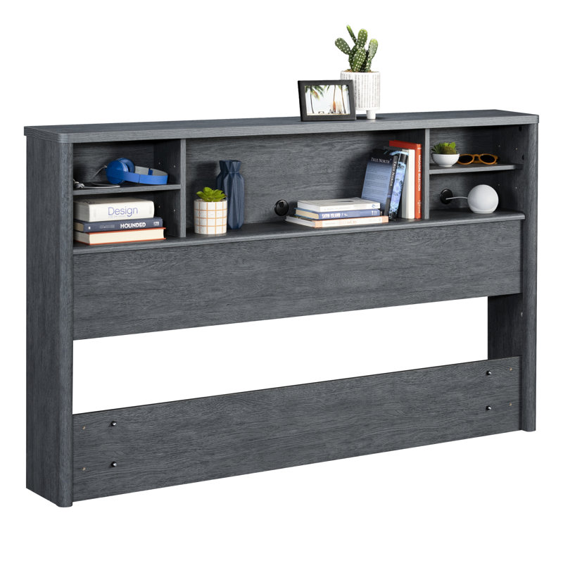 Tête de lit bibliothèque double / grand, finition denim + brun, tête de lit élégante, multifonctionnel, compatible avec les matelas de taille double et grand format, ton gris contemporain, tablettes réglables, compact