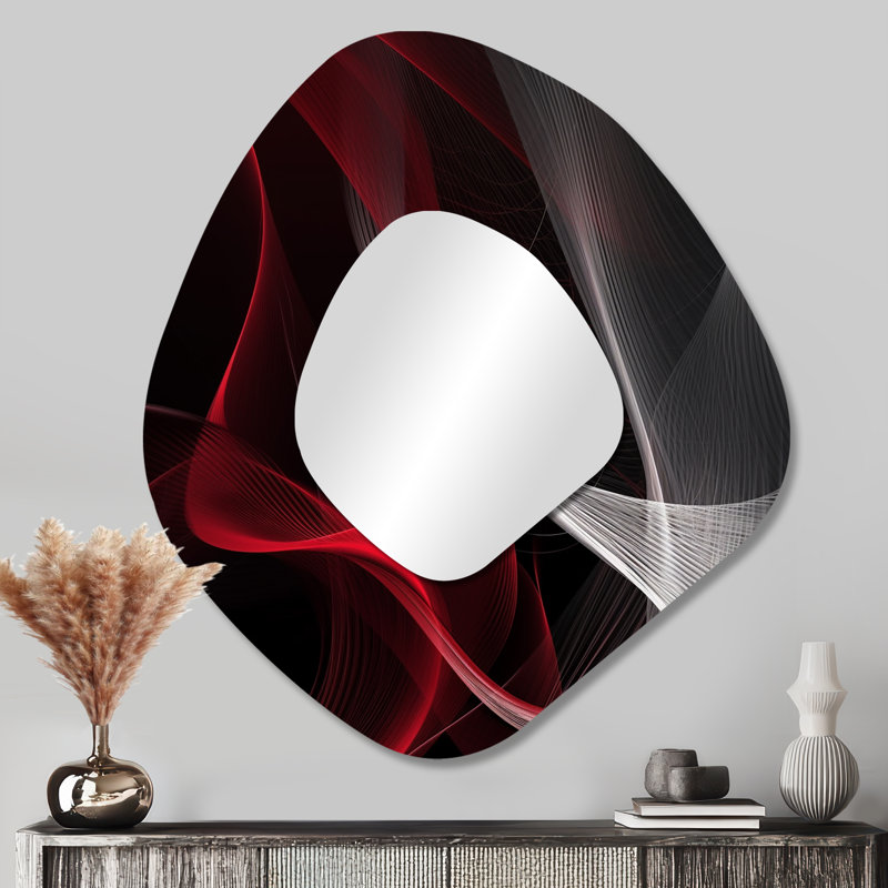 Abstrait contemplatif rouge noir I - miroir mural de forme unique Waves, miroir décoratif asymétrique rouge, impression d'art en métal