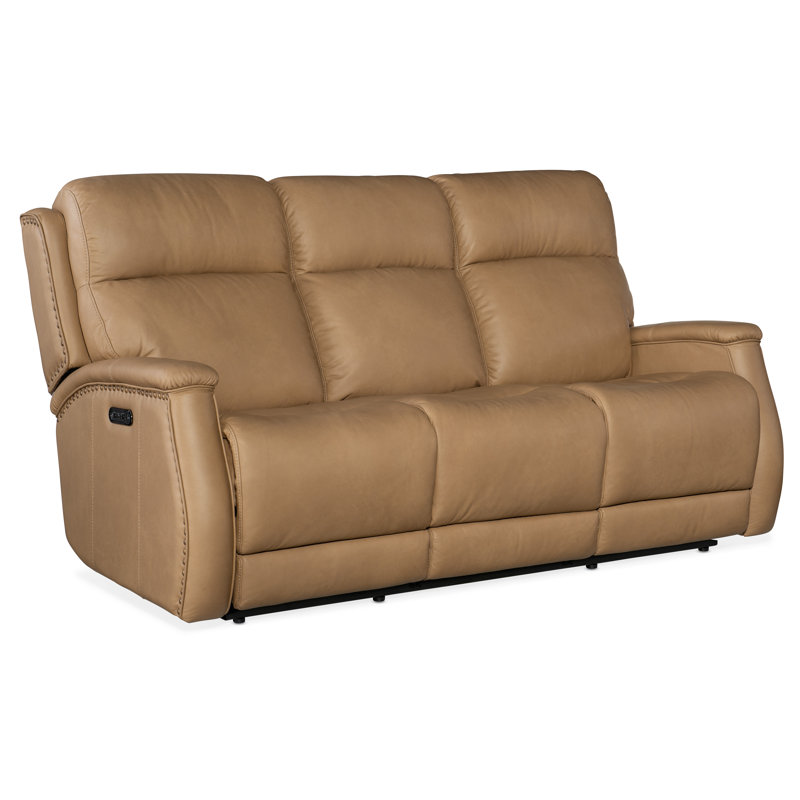 Sahara Sand Leather Power Reclining Sofa with Nailhead Trim