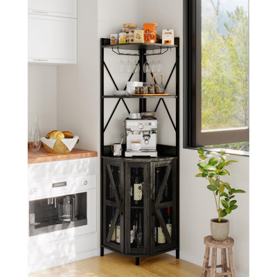 Foldable 4-Tier Corner Wine Rack with Metal Frame and Wood Shelves, Freestanding Bar Cabinet for Home or Kitchen