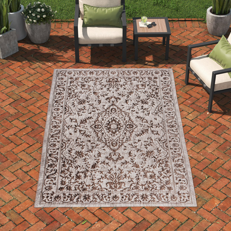 Daeisha Ornate Medallion Brown/Beige Indoor/Outdoor Rug, Rectangle 3'11" x 6'