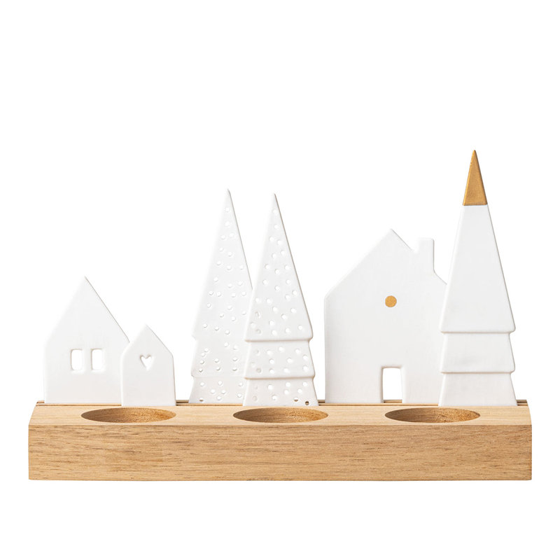 Porcelain & Wood Holiday Tealight Holder Set
