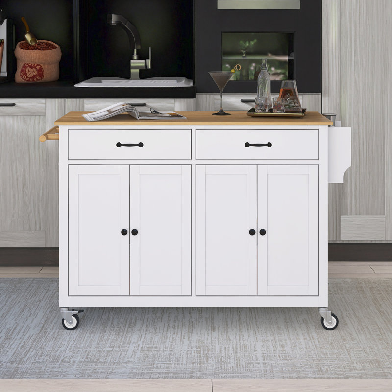 54.3" Solid Wood Countertop Kitchen Cart With Spice Rack & Towel Rack, White