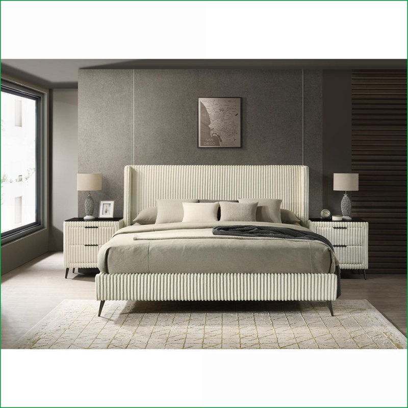 Ensemble de chambre à coucher, lit à oreilles tapissier très grand avec 2 tables de chevet, crème | Rembourré | Lits à oreilles
