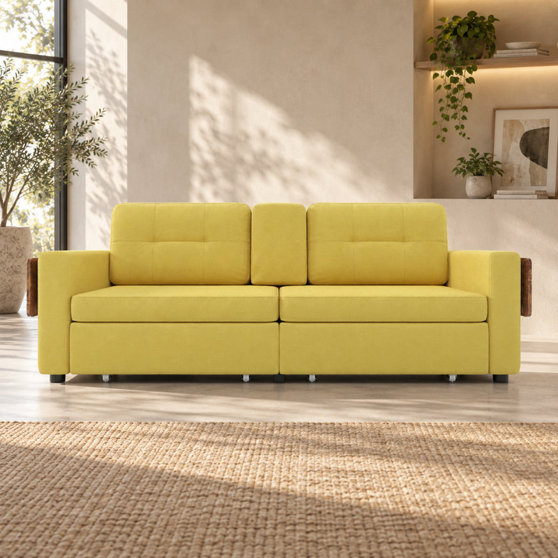 Canapé jaune en tissu chenille de 176 cm (69,38 pouces) avec tiroirs de rangement dissimulés et console porte-gobelets.