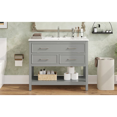 36" Bathroom Vanity With Ceramic Sink, Bathroom Vanity With Tip-Out Tray And 2 Full-Extension Drawers, Silver Pulls And Soft Close Drawer Slides Design, 1 Open Shelf At The Bottom