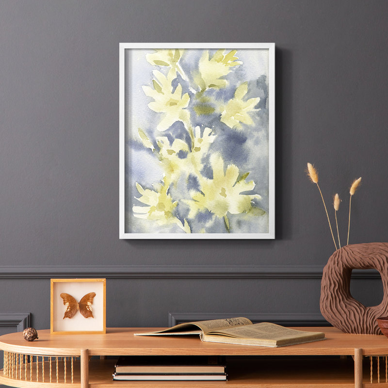 Forsythia Blooms I Framed Print - Solid Wood, White, 20" H x 16" W
