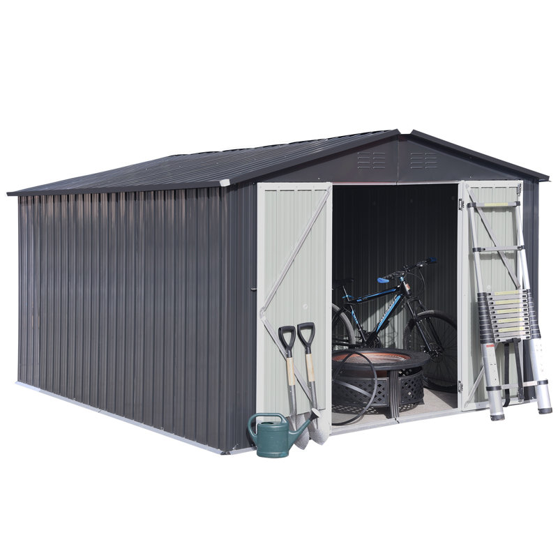 Metal garden sheds outdoor storage sheds, 75.1" H x 102.4" W x 70.5" D, White/Coffee
