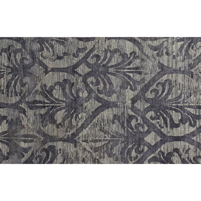Hand Knotted Damask Area Rug in Gray, Rectangle 9' x 12'