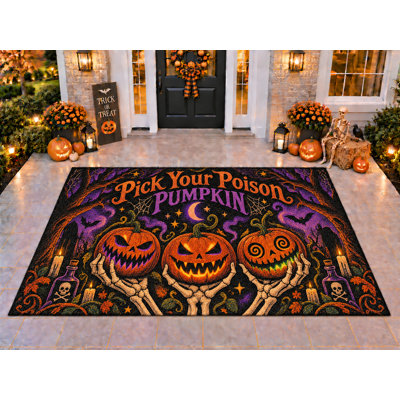 Tapis d'extérieur 5' x 7' à motifs de citrouilles empoisonnées et de mains de squelette pour l'Halloween, en PVC épais, imperméable et bouclé, résistant et durable, idéal pour terrasse, balcon, entrée ou intérieur.