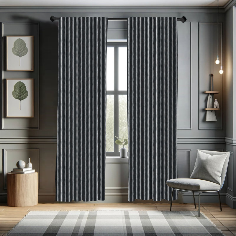 Pinstripe Striped Semi-Sheer Rod Pocket Curtain Panels, 28" x 63", Black