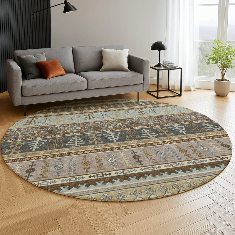Premium Machine Washable Mayfield AMF2160 Striped Rug, Round 8', Brown