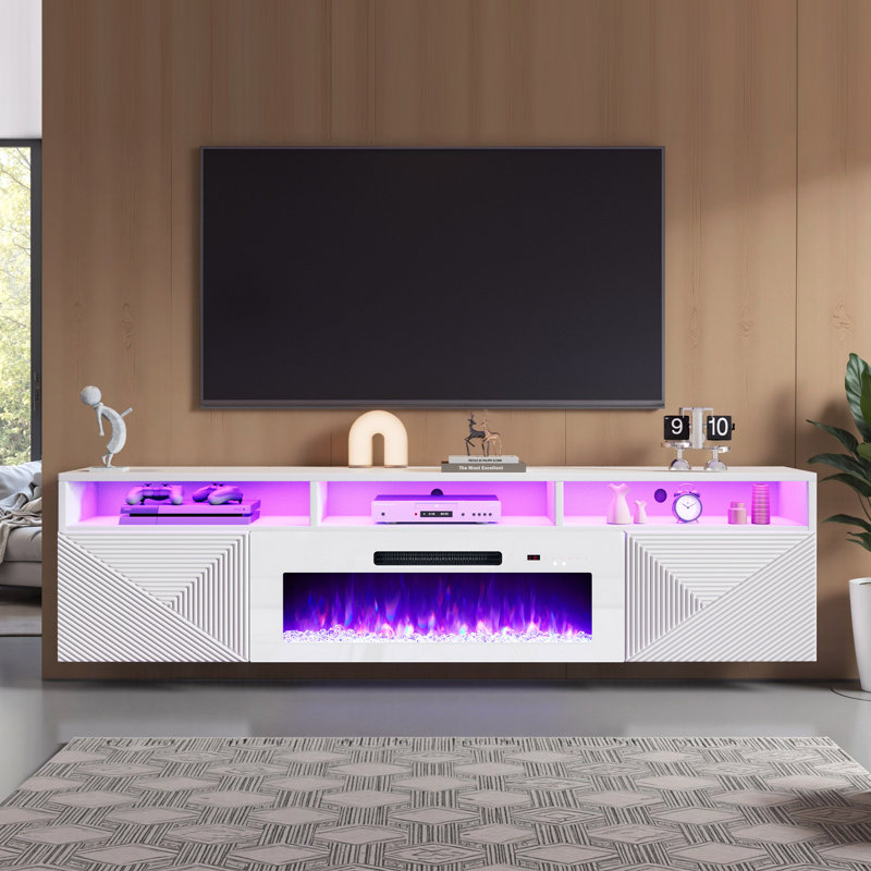 Meuble télé Delphi pour foyer flottant, lumière DEL et 3 tablettes de rangement supplémentaires, Blanc, 70"