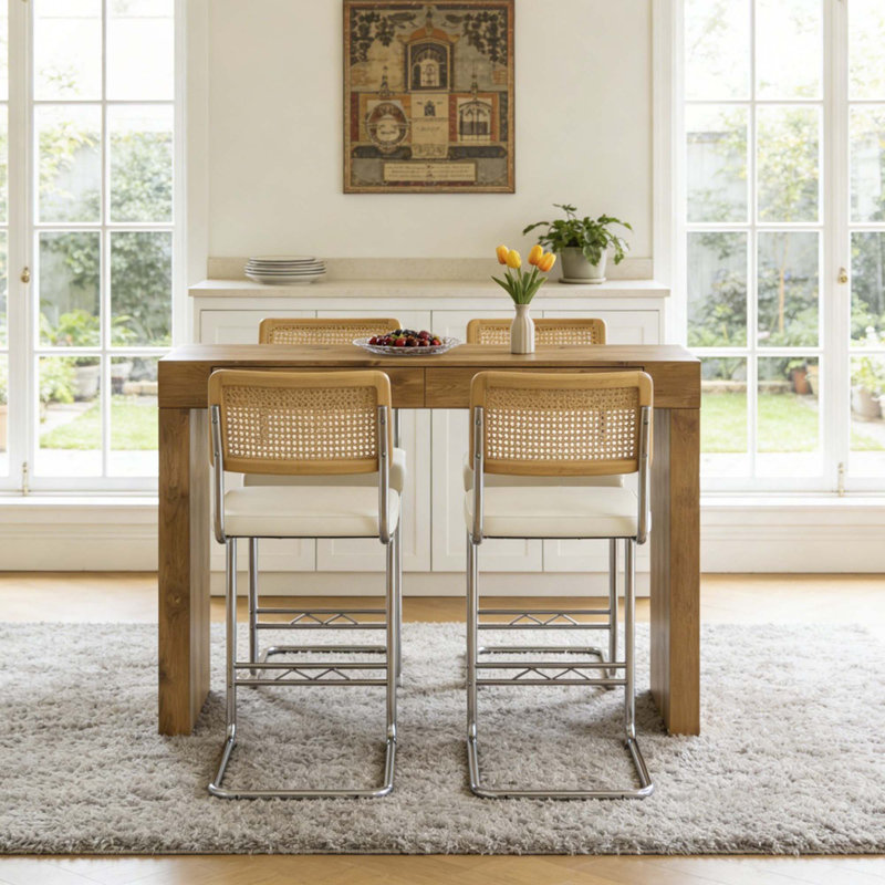 Ensemble de bar de salle à manger de cuisine 4PCS, table de bar à grain de bois avec 4 tabourets de bar rembourrés à structure métallique pour le restaurant et les cafés