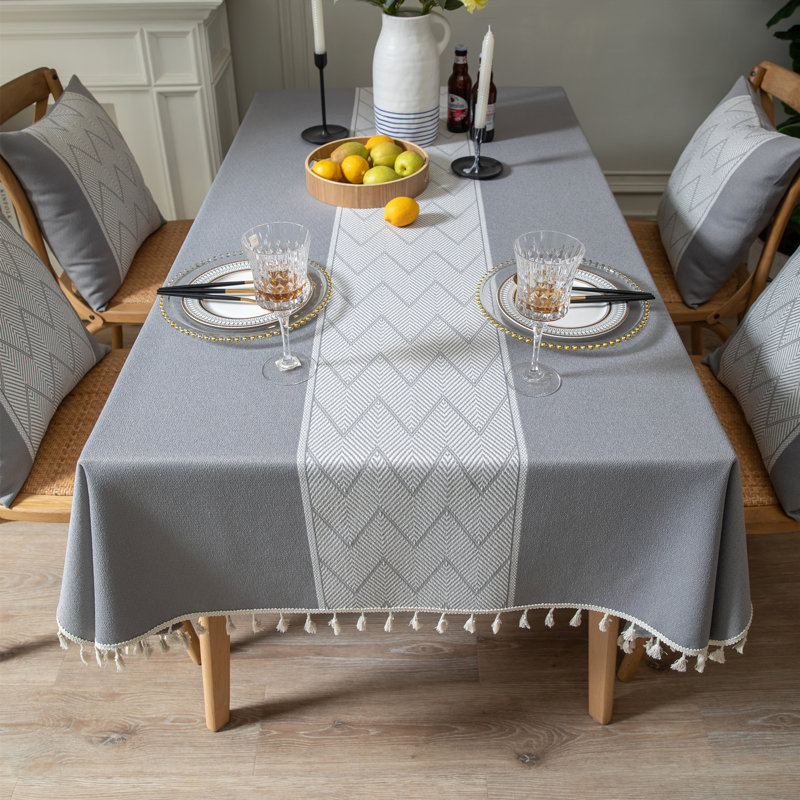High Quality Rectangle Cotton And Linen Tablecloth With Tassels, Gray